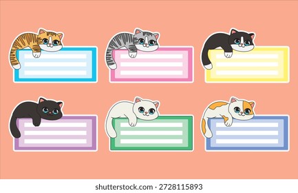 Cat Name Tag Sticker Set of 6 Colorful Kitten Breeds Vector