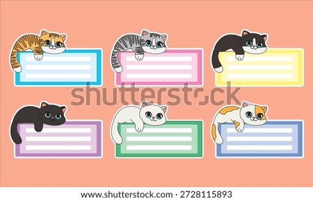 Cat Name Tag Sticker Set of 6 Colorful Kitten Breeds Vector