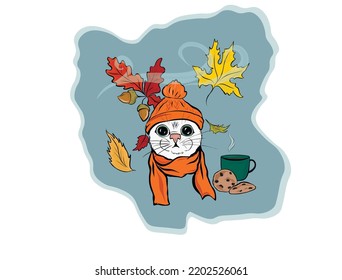a cat named Norman and autumn. The cat has a warm knitted hat and scarf, as well as hot chocolate in a beautiful mug and cookies. Against the background of a gray-blue background, autumn leaves 