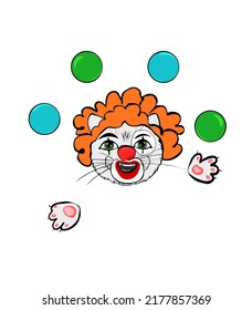 a cat named Norman in the form of a circus clown, he juggles blue and green balls. He's wearing a red wig and clown makeup.