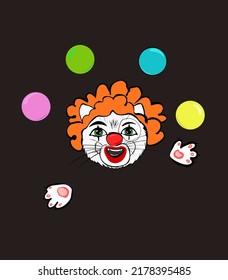 a cat named Norman in the form of a circus clown, he juggles blue and green balls. He's wearing a red wig and clown makeup. dark background