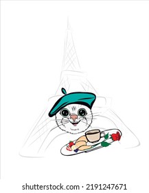 a cat named Norman visited Paris. The illustration depicts the Eiffel Tower, a plate on which there is a cup of coffee, a delicious croissant and fresh fruits and berries. The cat has a turquoise bere