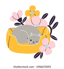 Katzen-Sickerecke, graue britische Katze, die in ihrem Heimtierbett mit Blumen schläft, Vektorgrafik einzeln auf weißem Hintergrund