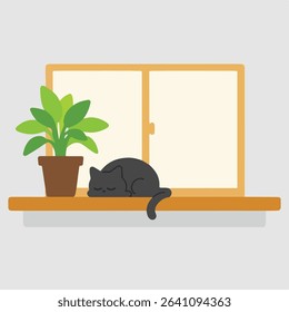 Cat Nap: Cozy Kitten Sleeping on Window Sill with Plant