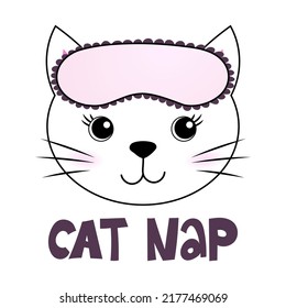 Cat nap - funny doodle, Cat with sleeping mask, stars, hearts. Cartoon background, texture for bedsheets, pajamas.