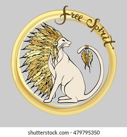 Cat in native American Indian war bonnet. Free spirit freehand lettering. Golden colors. Vector illustration.