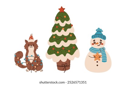 Cat near decorated Christmas tree and snowman flat color vector objects set. Happy winter holiday celebration symbols illustrations on white