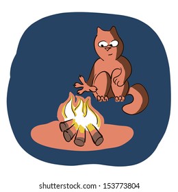Cat near the fire.Vector illustration.