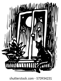 Cat near night window - hand drawn vector illustration, isolated on white