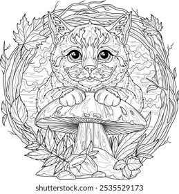 A cat near a porcini mushroom in a frame of branches. Fall.Coloring book antistress for children and adults. Illustration isolated on white background. Hand draw