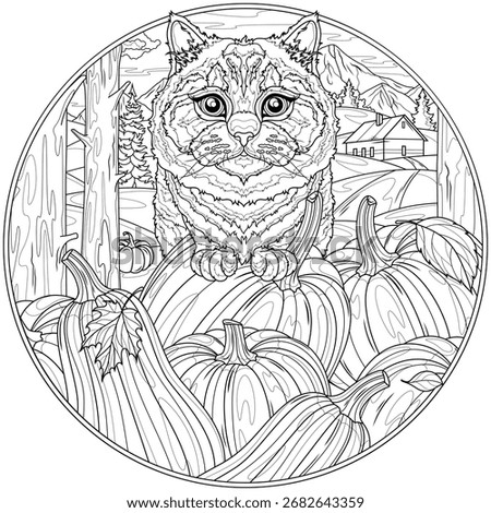 Cat near pumpkins in round frame. Autumn.Coloring book antistress for children and adults. Illustration isolated on white background. Hand draw