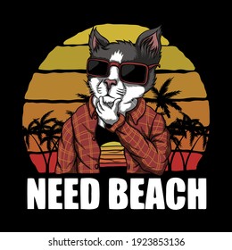 Cat need beach sunset retro vector illustration for your company or brand