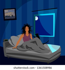 Cat needs attention. Vector image of a girl and a cat in the bedroom interior