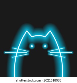 Cat neon head outline glowing eyes mystical symbol blue dark background icon character vector illustration.
