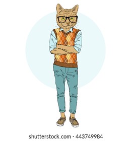 cat nerdy hipster, furry art illustration, fashion animals