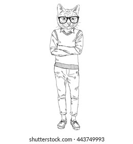  cat nerdy hipster, furry art illustration, fashion animals