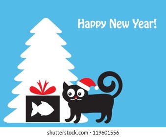 cat in a New Year's hat looking at a gift box with a silhouette of fish. Cat and gift shows in the background silhouette of Christmas tree