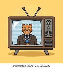 Cat news presenter announcer broadcaster newscaster in tv pinup pop art retro hand drawn vector illustration. Comic book style imitation.