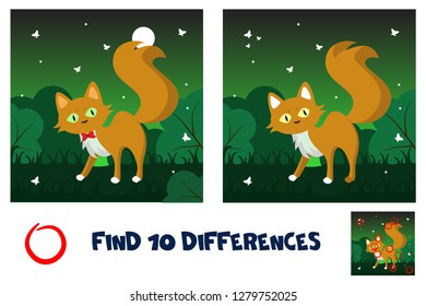 Сute cat in the night forest with fireflies. Find 10 differences. Educational game for children. Cartoon vector illustration.