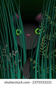 Cat at night gors hunting in darkness. Cute black puss cat with green shiny eyes in grass, fantasy illustration for kids story. Vector cartoon in watercolor style for children.