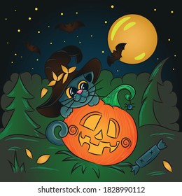 cat night halloween pumpkin wood