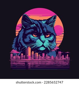 Cat and night neon city. Retrowave style. Vector illustration