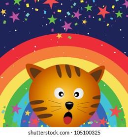 Cat in the night sky with rainbow