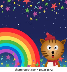 Cat in the night sky with rainbow