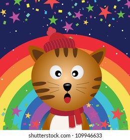 Cat in the night sky with rainbow