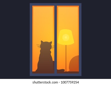 cat night window lamp