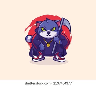 cat ninja mascot illustration, vector. flat cartoon style.