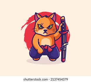 cat ninja mascot illustration, vector. flat cartoon style.