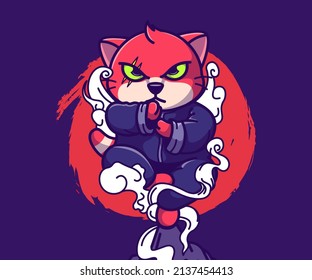 cat ninja mascot illustration, vector. flat cartoon style.