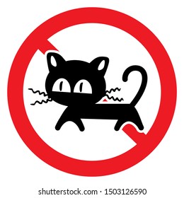 cat - no entry, black silhouette sign at red circle frame, funny vector icon