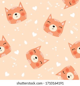 Cat with nordic elements, seamless pattern background, vector illustration, animal cartoon pattern