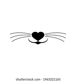 Cat Nose And Whiskers Vector Clipart And Drawing. Isolated Silhouette With Heart On White Background. 