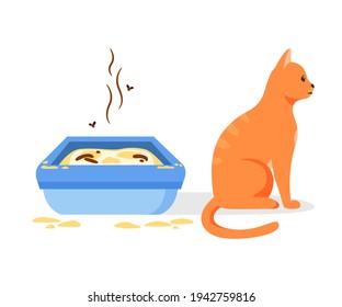 Cat not using dirty litter box. Wrong way to maintain cat toilet. Pet toilet hygiene concept. Flat vector illustration