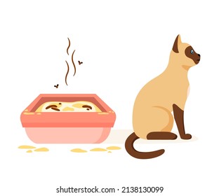 Cat Not Using Dirty Litter Box. Wrong Way To Maintain Cat Toilet. Pet Toilet Hygiene Concept. Flat Vector Illustration