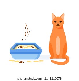 Cat Not Using Dirty Litter Box. Wrong Way To Maintain Cat Toilet. Pet Toilet Hygiene Concept. Flat Vector Illustration