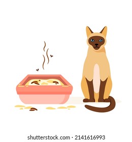 Cat Not Using Dirty Litter Box. Wrong Way To Maintain Cat Toilet. Pet Toilet Hygiene Concept. Flat Vector Illustration