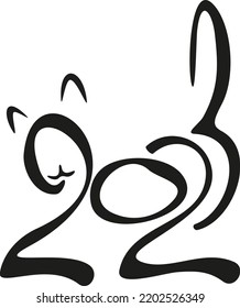 cat of numbers 2023 in hand draw style. Lunar zodiac symbol of Year of cat. Chinese New Year 2023 Christmas logo. Vector illustration