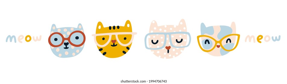 Cat nursery set. Cute kittens with glasses. Cartoon characters in a simple hand-drawn naive Scandinavian style. Pastel palette. Isolate on white background. For baby fabrics, textiles,T-shirt.