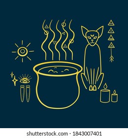 Cat with occult attributes: potions, cauldron, candles, occult symbols. Occultism, paganism, and witchcraft. Illustration for Halloween.