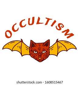Cat. Occultism. Cat with Bat Wings. Occult Cat Cartoon Style. Esoteric Sign Alchemy. Cat on white background isolated. Stock Vector Illustration. Cartoon style.
