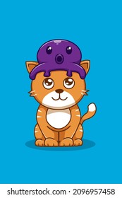 Cat with octopus cartoon illustration