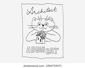 Cat in the office, Cartoon style, Doodles draw.
