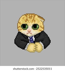 Cat in office clothes, pixel art illustration meme