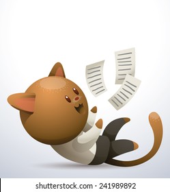 Cat in office. Cat playing with papers, vector