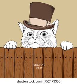 A cat in old hat on a fence. Background for advertising or inscriptions.Vector illustration.
