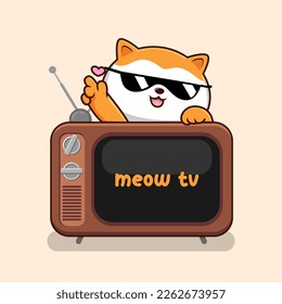 Cat with Old Television - Cute Orange Cat Cool with Sunglasses Above TV Vintage